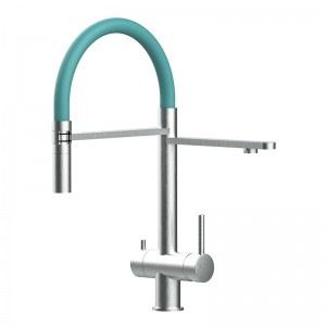 Grifo de Cocina 3 Vías, Acero Inoxidable Macizo, Cepillado y Turquesa Tiffany – Versión corta 45CM