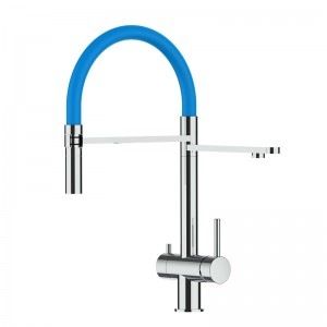 Grifo de Cocina 3 Vías, Acero Inoxidable Macizo, Pulido y Azul Claro – Versión corta 45C