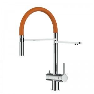 Grifo de Cocina 3 Vías, Acero Inoxidable Macizo, Pulido y Naranja – Versión corta 45CM