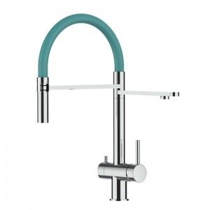 Grifo de Cocina 3 Vías, Acero Inoxidable Macizo, Pulido y Turquesa Tiffany – Versión corta 45CM