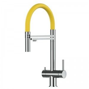 Grifo de Cocina 3 Vías, Acero Inoxidable Macizo, con caño giratorio 360° y ducha 2 chorros amovible, Pulido y Amarillo – Versión corta 45CM