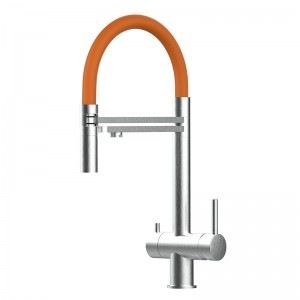 Grifo de Cocina 3 Vías in Acero Inoxidable Macizo, Cepillado y Naranja – Versión corta 45CM