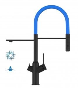 Grifo de Cocina 4 Vías, BOD, caño giratorio 360° y ducha 2 chorros, Negro Mate Y Azul Claro