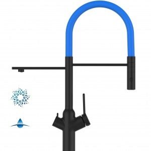 Grifo de Cocina 4 Vías, BOD, caño giratorio 360° y ducha 2 chorros, Negro Mate Y Azul Claro