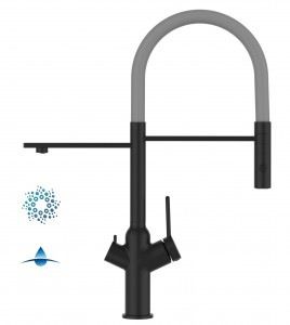 Grifo de Cocina 4 Vías, BOD, con caño giratorio 360° y ducha 2 chorros, Negro Mate y Gris