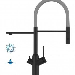 Grifo de Cocina 4 Vías, BOD, con caño giratorio 360° y ducha 2 chorros, Negro Mate y Gris