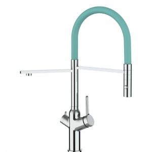Grifo de Cocina 4 Vías, BOD, con caño giratorio 360° y ducha 2 chorros amovible, Cromado  Turquesa Tiffany