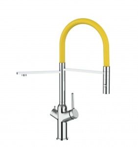 Grifo de Cocina 4 Vías, BOD, con caño giratorio 360° y ducha 2 chorros amovible, Cromado y Amarillo