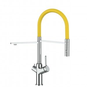 Grifo de Cocina 4 Vías, BOD, con caño giratorio 360° y ducha 2 chorros amovible, Cromado y Amarillo