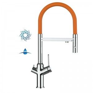Grifo de Cocina 4 Vías, BOD, con caño giratorio 360° y ducha 2 chorros amovible, Cromado y Naranja