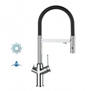 Grifo de Cocina 4 Vías, BOD, con caño giratorio 360° y ducha 2 chorros amovible, Cromado y Negro