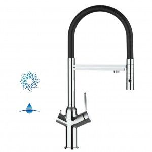 Grifo de Cocina 4 Vías, BOD, con caño giratorio 360° y ducha 2 chorros amovible, Cromado y Negro