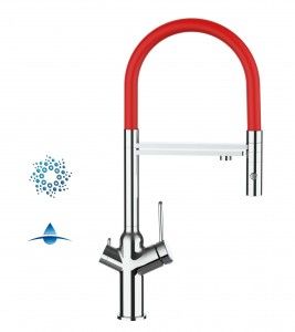 Grifo de Cocina 4 Vías, BOD, con caño giratorio 360° y ducha 2 chorros amovible, Cromado y Rojo