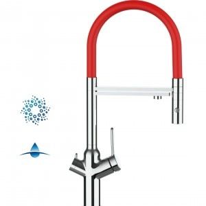 Grifo de Cocina 4 Vías, BOD, con caño giratorio 360° y ducha 2 chorros amovible, Cromado y Rojo
