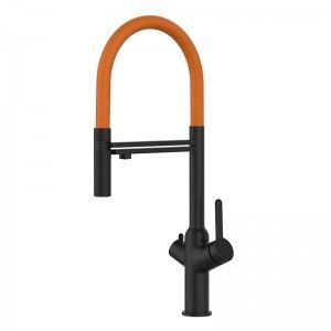 Grifo de Cocina 4 Vías, BOD, con caño giratorio 360° y ducha 2 chorros amovible, Negro Mate y Naranja