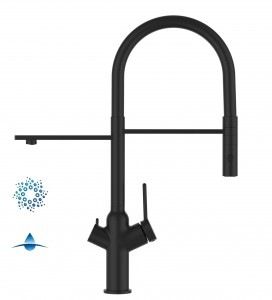 Grifo de Cocina 4 Vías, BOD, con caño giratorio 360° y ducha 2 chorros amovible, Negro Mate y Negro