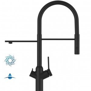 Grifo de Cocina 4 Vías, BOD, con caño giratorio 360° y ducha 2 chorros amovible, Negro Mate y Negro