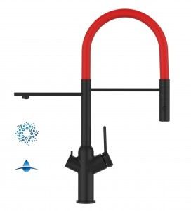 Grifo de Cocina 4 Vías, BOD, con caño giratorio 360° y ducha 2 chorros amovible, Negro Mate y Rojo