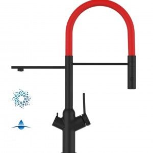 Grifo de Cocina 4 Vías, BOD, con caño giratorio 360° y ducha 2 chorros amovible, Negro Mate y Rojo