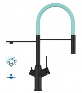 Grifo de Cocina 4 Vías, BOD, con caño giratorio 360° y ducha 2 chorros amovible, Negro Mate y Turquesa Tiffany