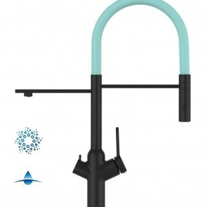 Grifo de Cocina 4 Vías, BOD, con caño giratorio 360° y ducha 2 chorros amovible, Negro Mate y Turquesa Tiffany