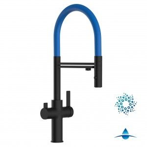 Grifo de Cocina 4 Vías, FC, con caño giratorio 360° y ducha 2 chorros, Negro Mate y Azul
