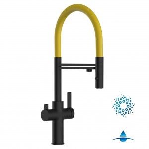 Grifo de Cocina 4 Vías, FC, con caño giratorio 360° y ducha 2 chorros amovible, Negro Mate y Amarillo