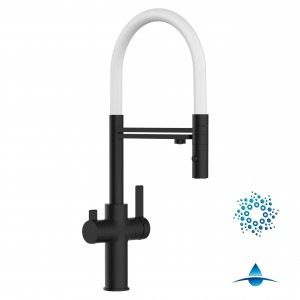 Grifo de Cocina 4 Vías, FC, con caño giratorio 360° y ducha 2 chorros amovible, Negro Mate y Blanco