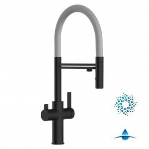 Grifo de Cocina 4 Vías, FC, con caño giratorio 360° y ducha 2 chorros amovible, Negro Mate y Gris