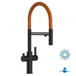 Grifo de Cocina 4 Vías, FC, con caño giratorio 360° y ducha 2 chorros amovible, Negro Mate y Naranja