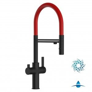 Grifo de Cocina 4 Vías, FC, con caño giratorio 360° y ducha 2 chorros amovible, Negro Mate y Rojo
