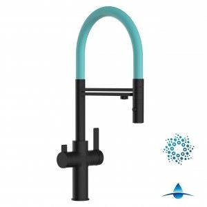 Grifo de Cocina 4 Vías, FC, con caño giratorio 360° y ducha 2 chorros amovible, Negro Mate y Turquesa Tiffany